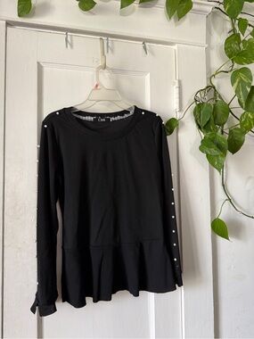 CBR Black Long-Sleeve Peplum Top with Pearl Sleeve Trim size M